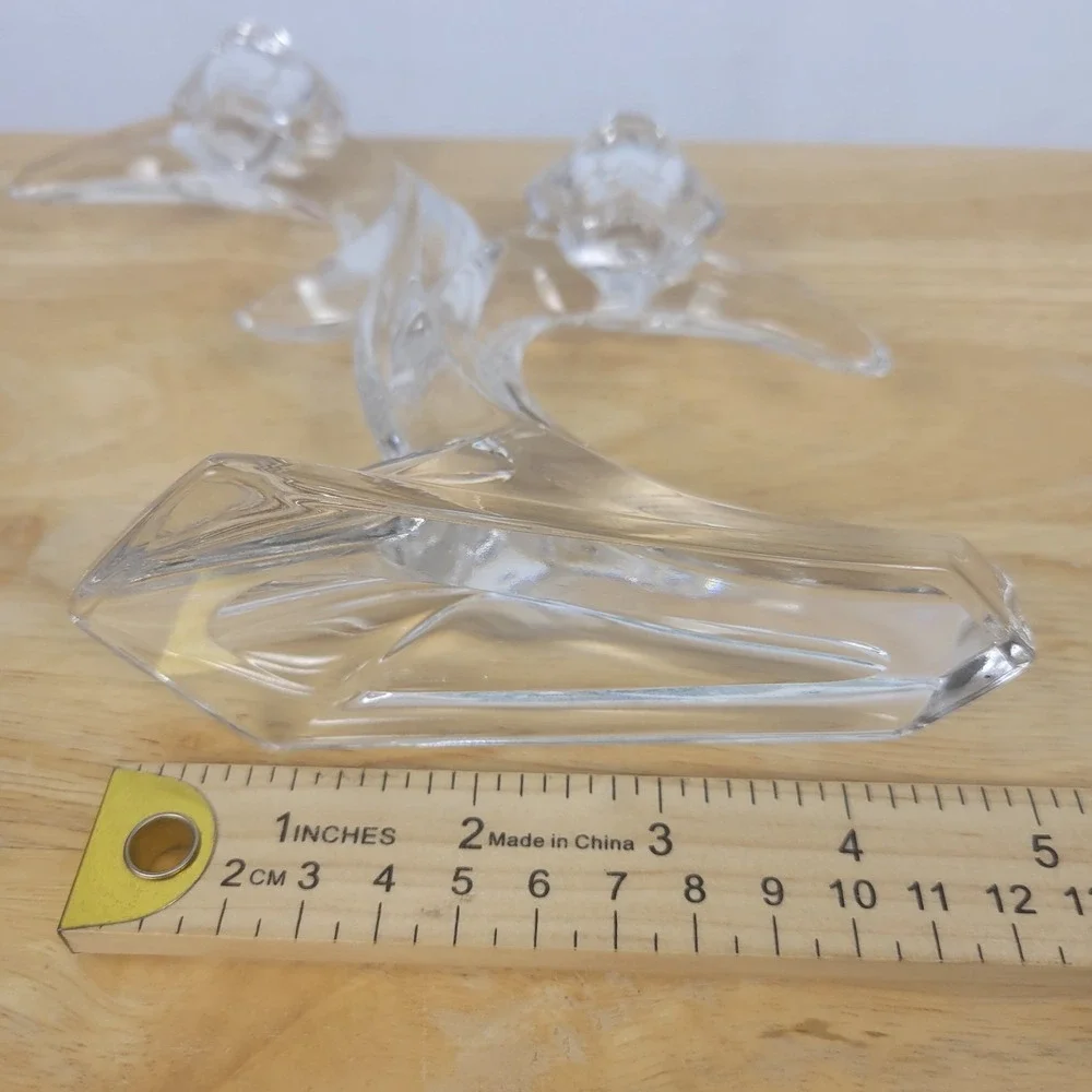 Vintage Clear Glass Double Crescent Moon Candle Holder MCM Hollywood Regency